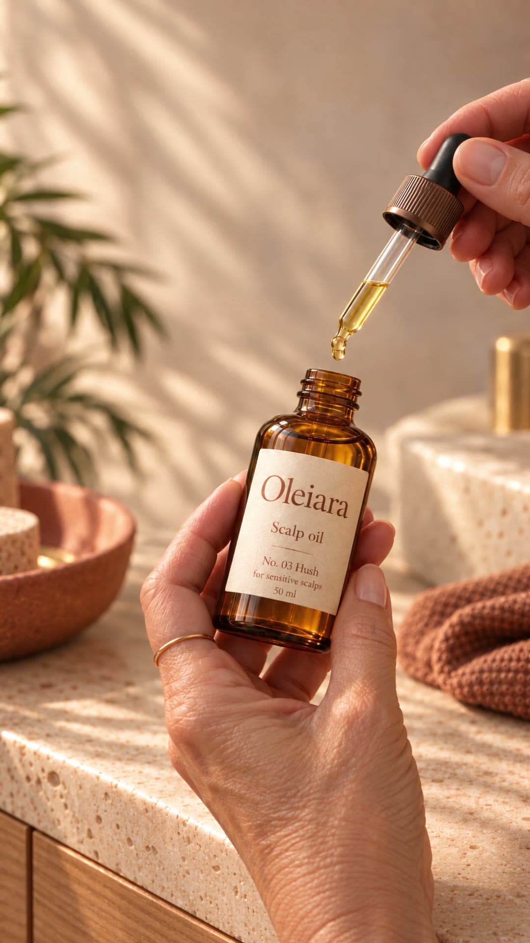 A hand holding an amber bottle of Oleiara scalp oil under a dropper, in warm afternoon light