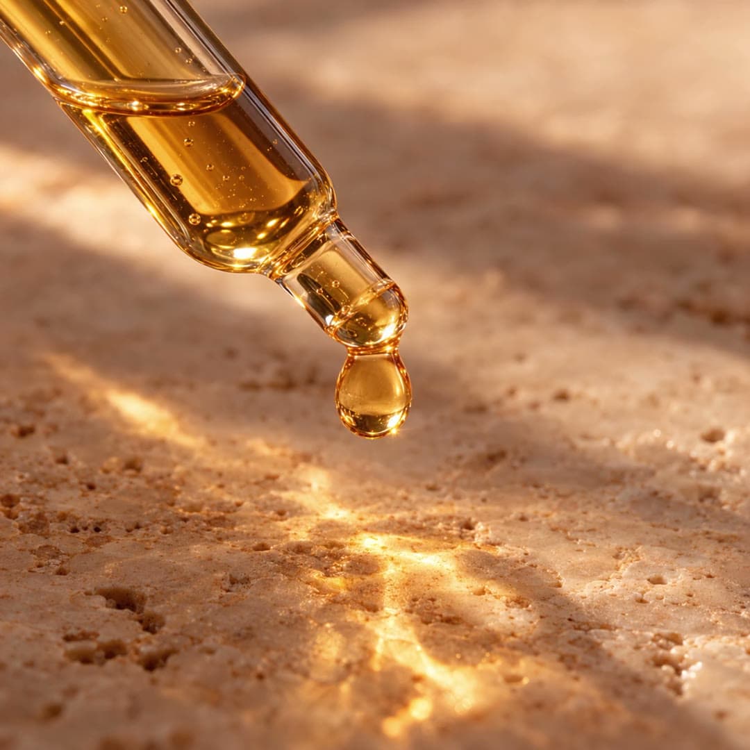 A dropper releasing a drop of golden oil onto warm travertine