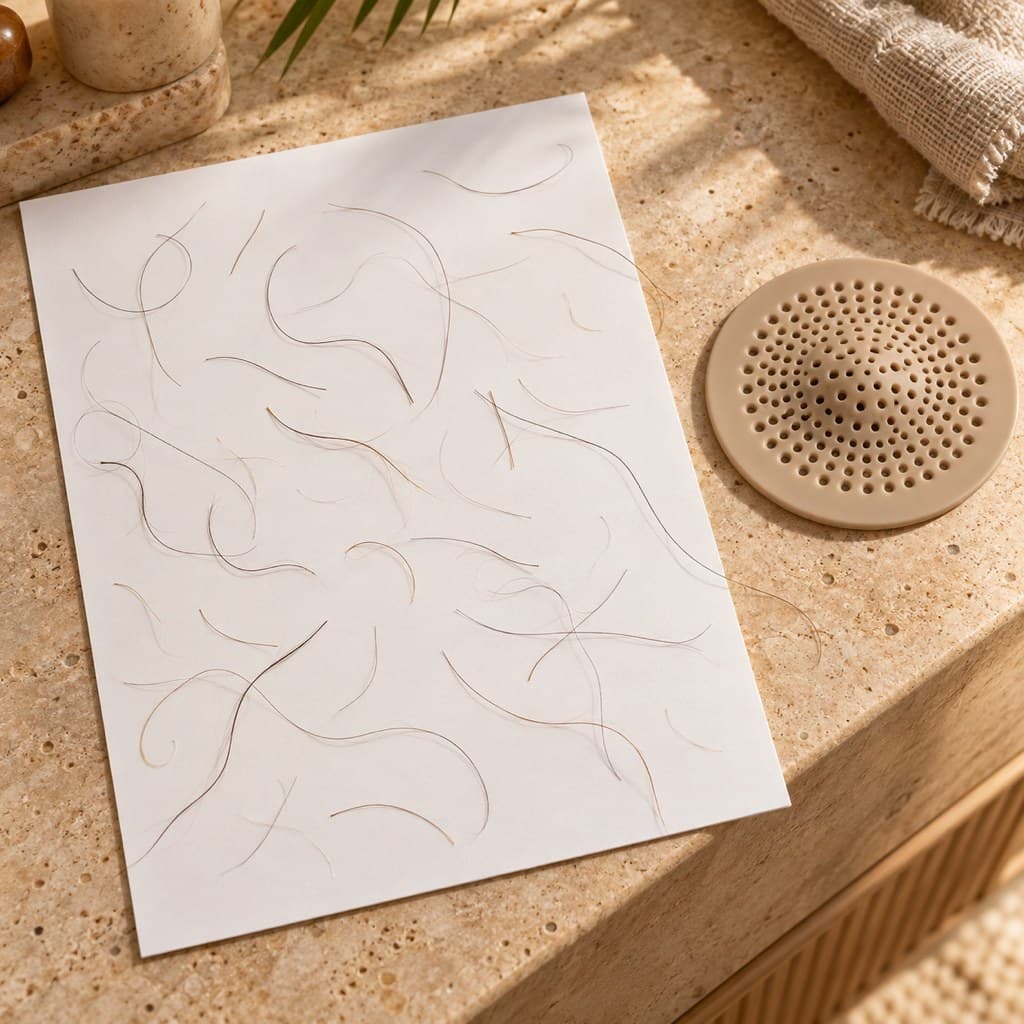 A shed card with a few counted hairs next to a drain catcher