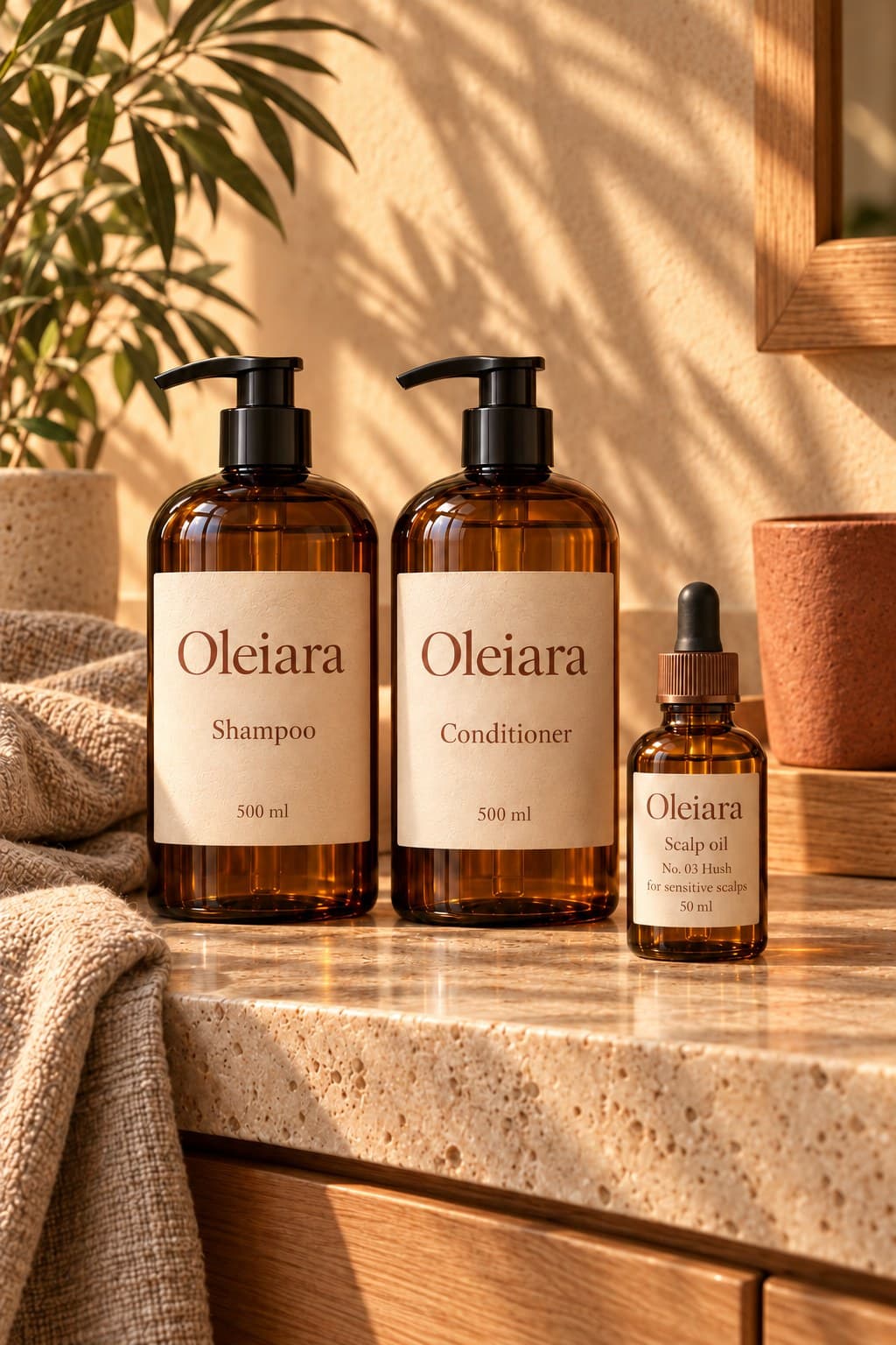 Shampoo, conditioner and scalp oil in amber bottles on a stone shelf